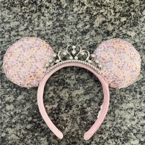 Disney Pink Sequin Minnie Ear Headband with Silver Tiara Accent